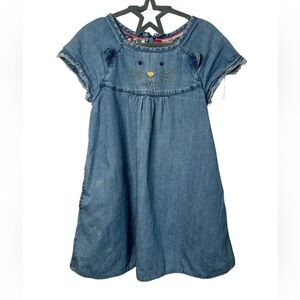 Mini Boden Denim Cat Face Dress Raw Hem 4-5Y Girls